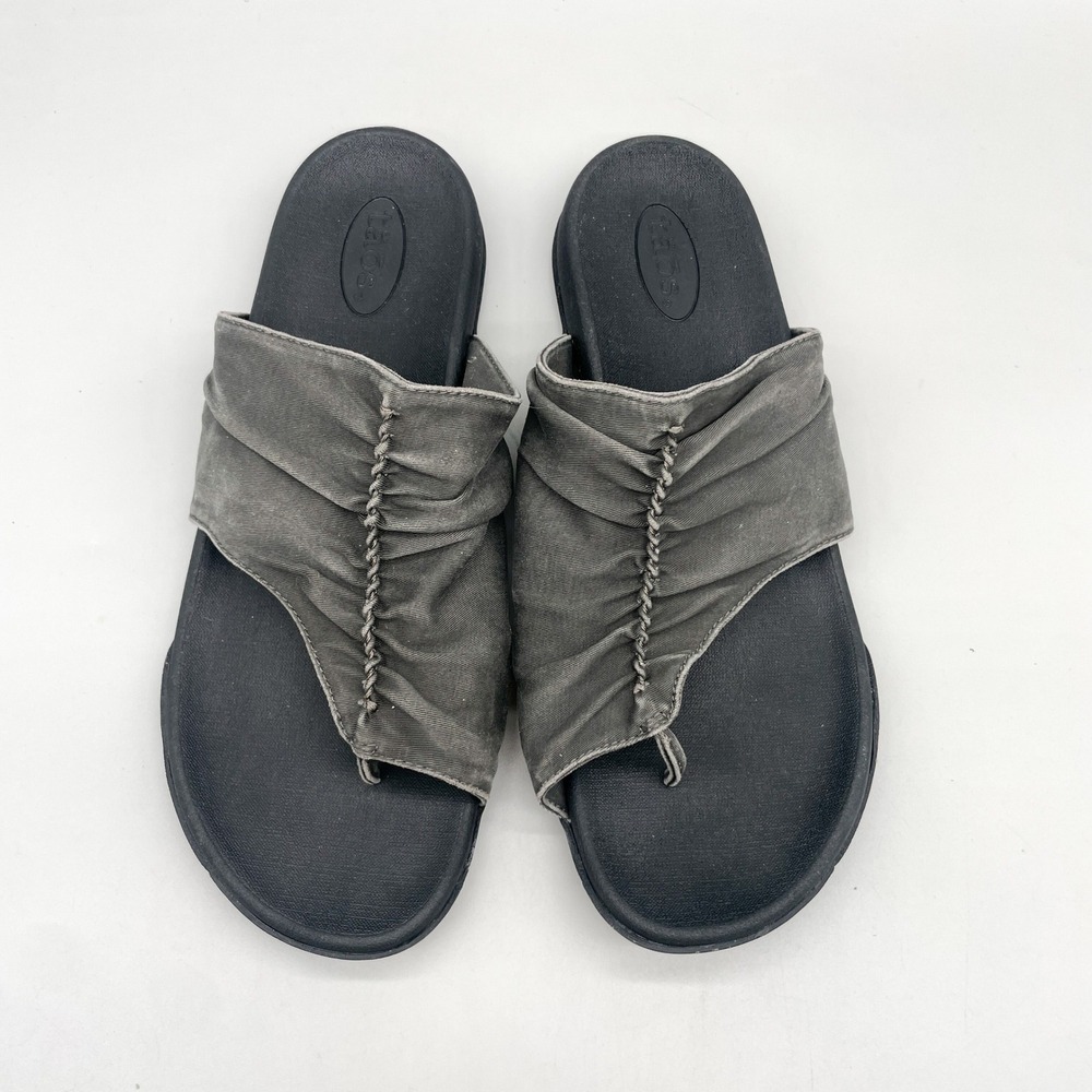 Taos Womens 10 Gift Ruched Thong Slide Sandals Grey Canvas Boho Casuial Comfort
